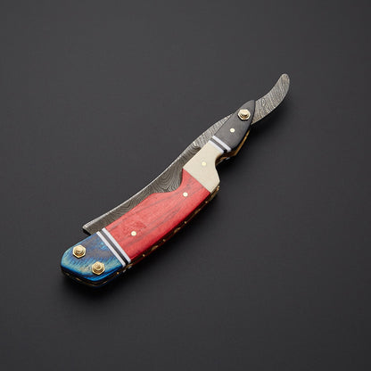 Damascus Steel Straight Razor Folding Knife Colorful Wooden Handle, Leather Sheath Knives Craft