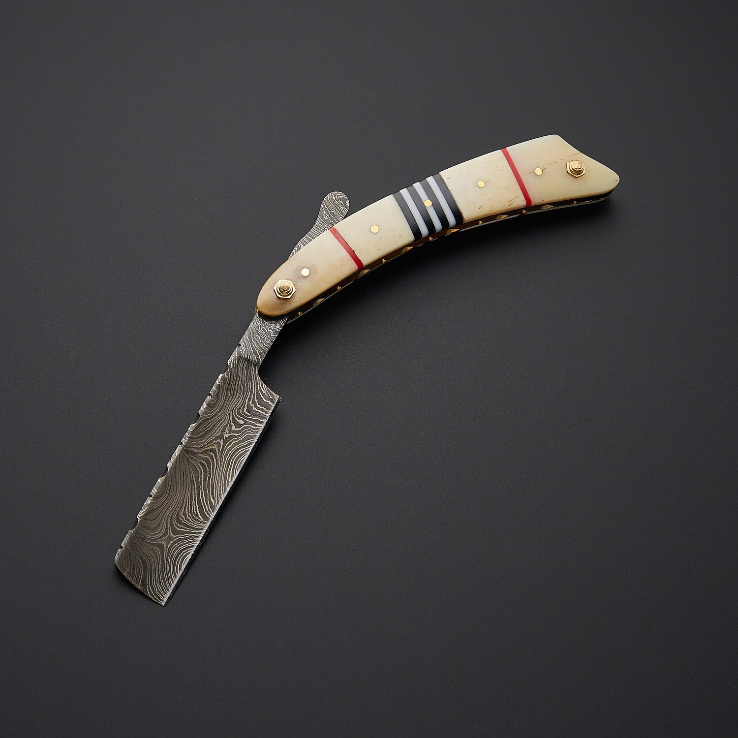 Damascus Steel Straight Razor Folding Knife Colorful Wooden Handle, Leather Sheath Knives Craft