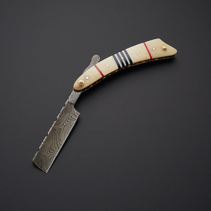 Damascus Steel Straight Razor Folding Knife Colorful Wooden Handle, Leather Sheath Knives Craft