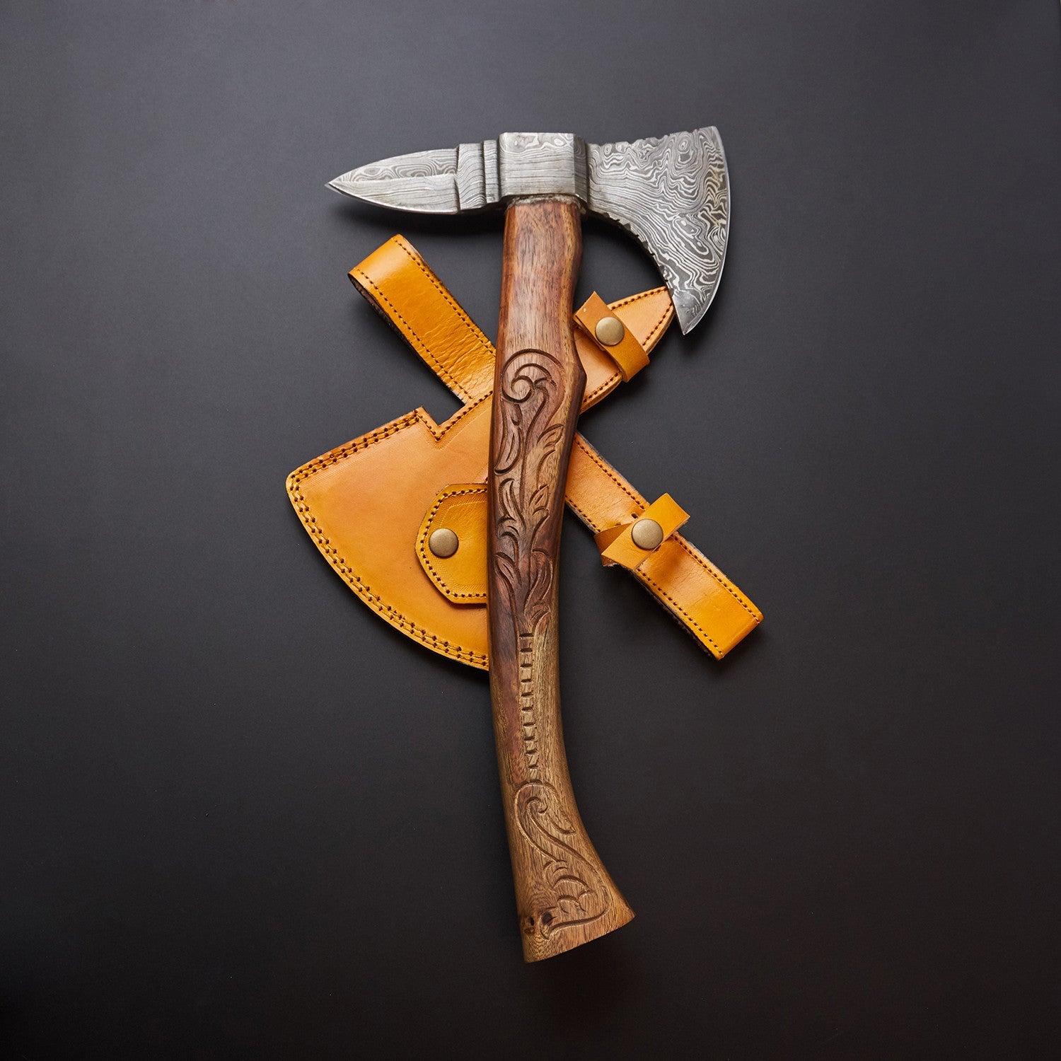 🪓 Hand-Forged Damascus Steel Viking Axe with Carved Wooden Handle & Yellow Leather Sheath 🪓 Knives Craft