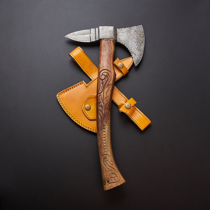 🪓 Hand-Forged Damascus Steel Viking Axe with Carved Wooden Handle & Yellow Leather Sheath 🪓 Knives Craft