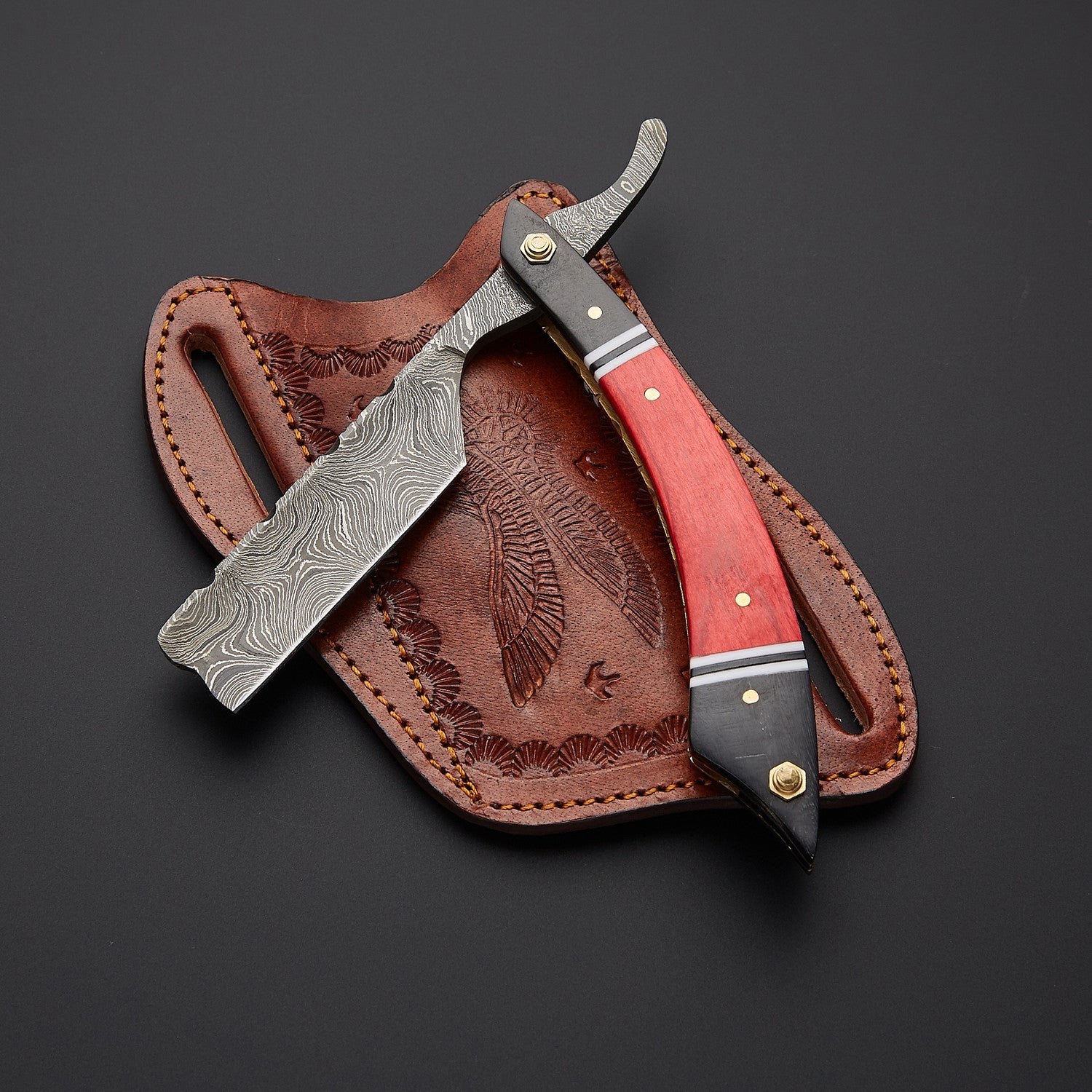 Damascus Steel Straight Razor Folding Knife Vibrant Wooden Handle, Leather Sheath Knives Craft
