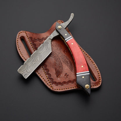 Damascus Steel Straight Razor Folding Knife Vibrant Wooden Handle, Leather Sheath Knives Craft