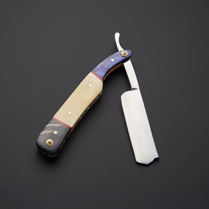 Damascus Steel Straight Razor Folding Knife  Artistic Wooden Handle, Leather Sheath Knives Craft