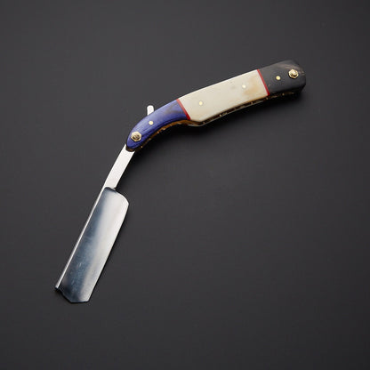 Damascus Steel Straight Razor Folding Knife  Artistic Wooden Handle, Leather Sheath Knives Craft