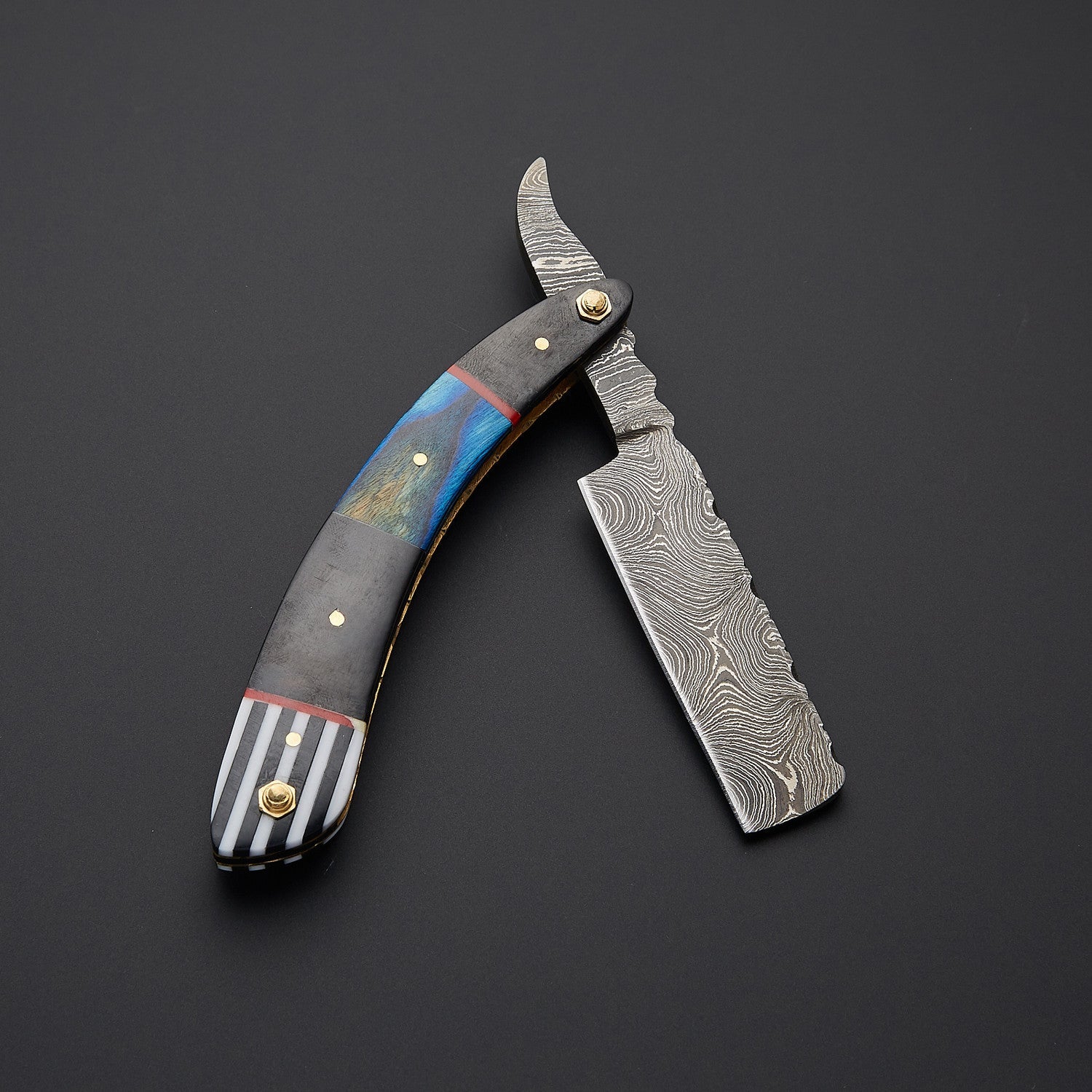 Damascus Steel Straight Razor Folding Knife Colorful Wooden Handle, Leather Sheath Knives Craft