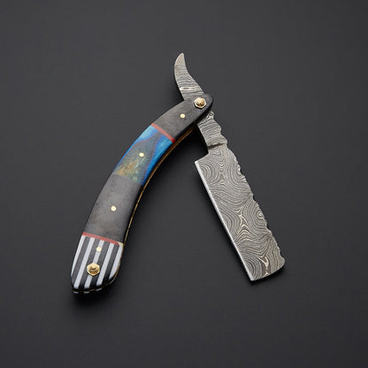 Damascus Steel Straight Razor Folding Knife Colorful Wooden Handle, Leather Sheath Knives Craft