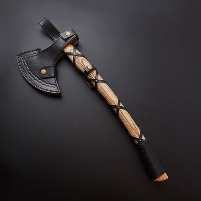 🪓 Hand-Forged Damascus Steel Viking Axe with Wrapped Wooden Handle & Leather Sheath 🪓 Knives Craft