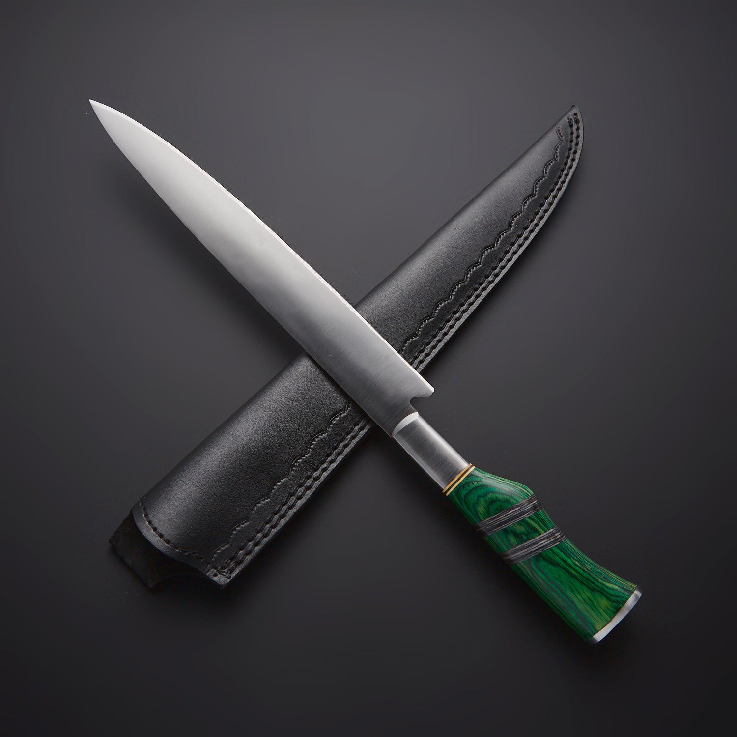 Japanese-Style Chef Knife with Green Wood Handle &amp; Leather Sheath Knives Craft