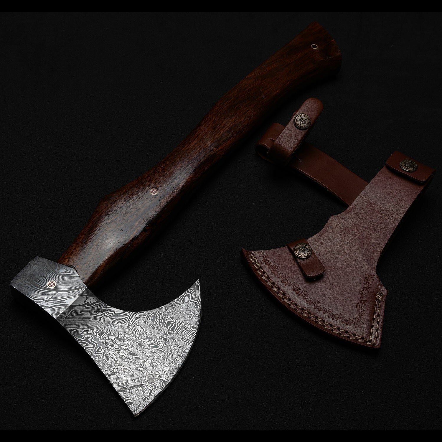 Hand-Forged Damascus Steel Viking Axe with Leather Sheath Knives Craft