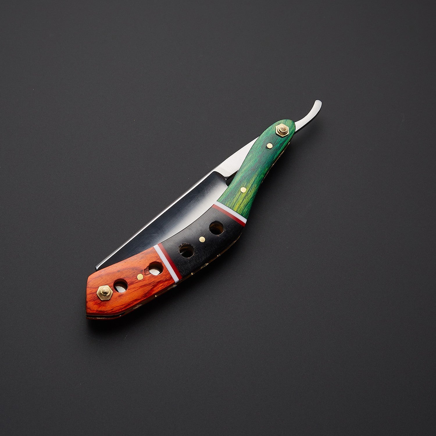 Damascus Steel Straight Razor Folding Knife Colorful Wooden Handle, Leather Sheath Knives Craft
