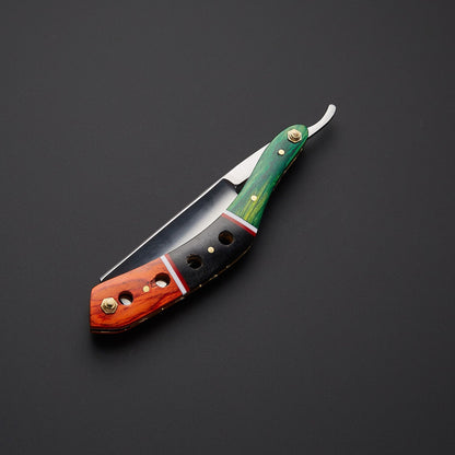 Damascus Steel Straight Razor Folding Knife Colorful Wooden Handle, Leather Sheath Knives Craft