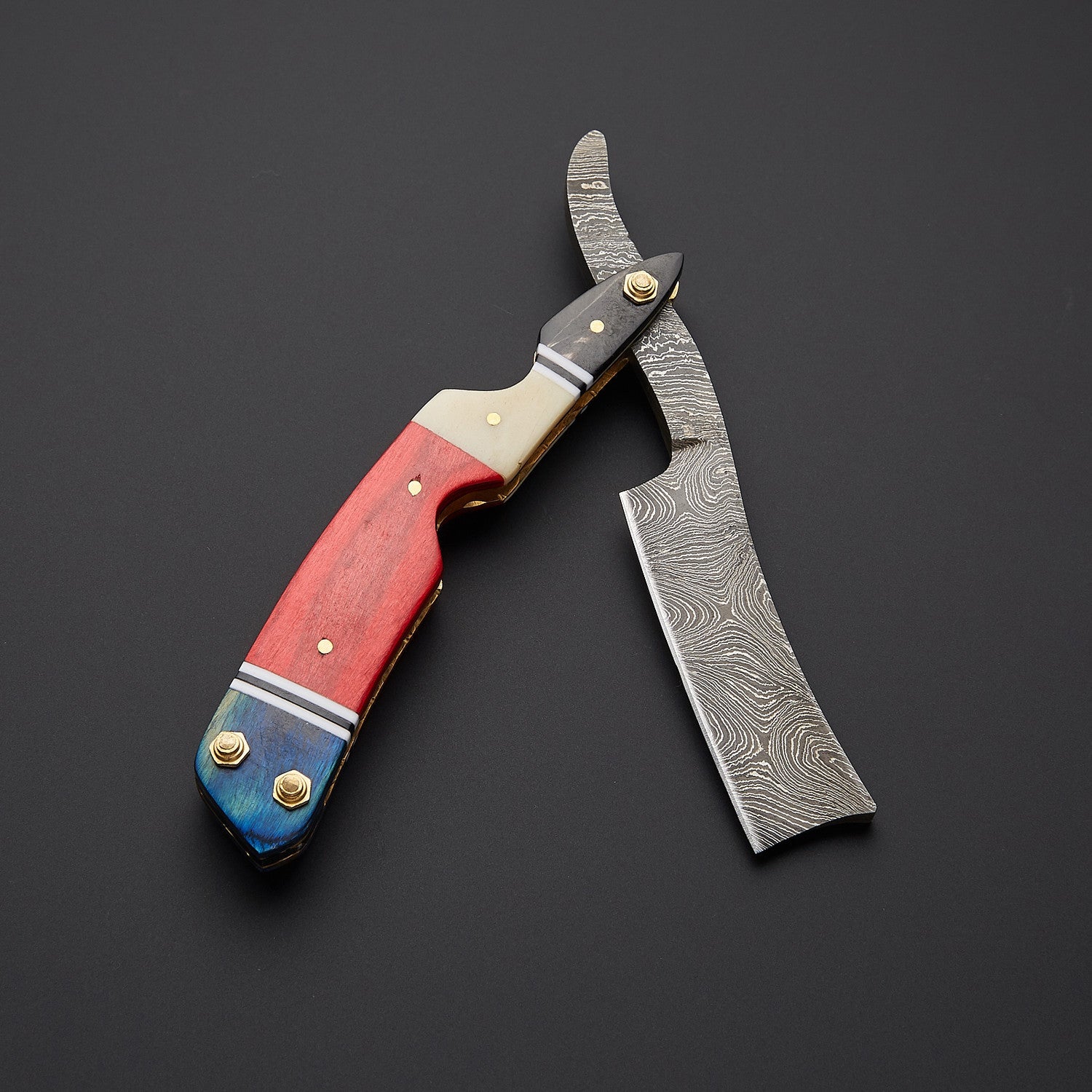 Damascus Steel Straight Razor Folding Knife Colorful Wooden Handle, Leather Sheath Knives Craft