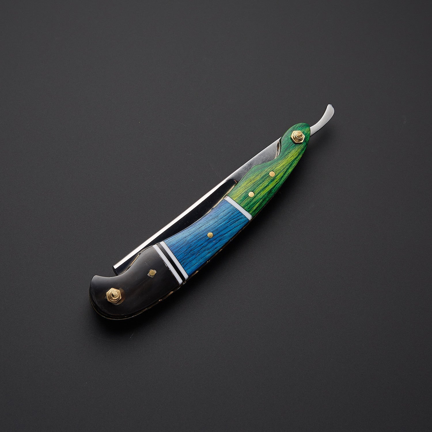 Damascus Steel Straight Razor Folding Knife Colorful Wooden Handle, Leather Sheath Knives Craft