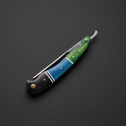 Damascus Steel Straight Razor Folding Knife Colorful Wooden Handle, Leather Sheath Knives Craft