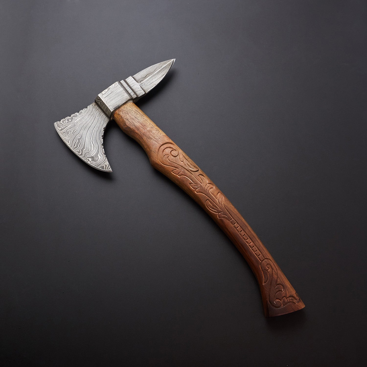 🪓 Hand-Forged Damascus Steel Viking Axe with Carved Wooden Handle & Yellow Leather Sheath 🪓 Knives Craft
