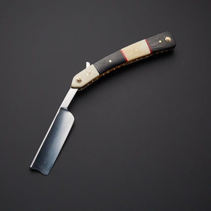 Damascus Steel Straight Razor Folding Knife Elegant Wooden Handle, Leather Sheath Knives Craft
