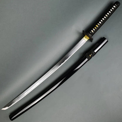 Hand-Forged Samurai Katana with Black Handle &amp; Glossy Scabbard Knives Craft