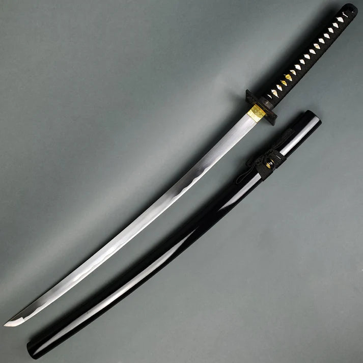 Hand-Forged Samurai Katana with Black Handle &amp; Glossy Scabbard Knives Craft