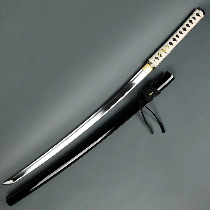 Hand-Forged Samurai Katana with White Handle &amp; Black Scabbard Knives Craft