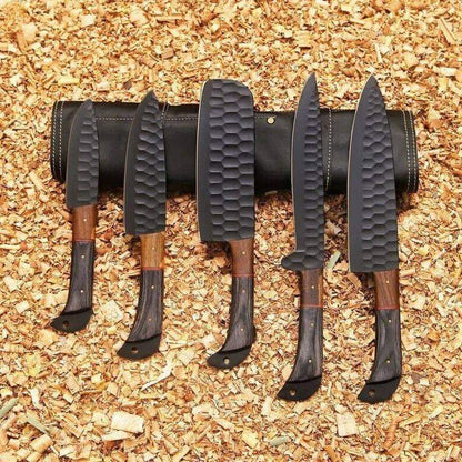Hand-Forged Chef Knife Set – 5 Piece Kitchen Knives with Hammered Blades &amp; Leather Roll Bag Knives Craft