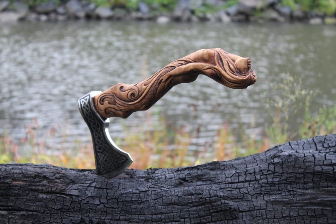 Handcrafted Viking Style Axe with Carved Wooden Handle Knives Craft