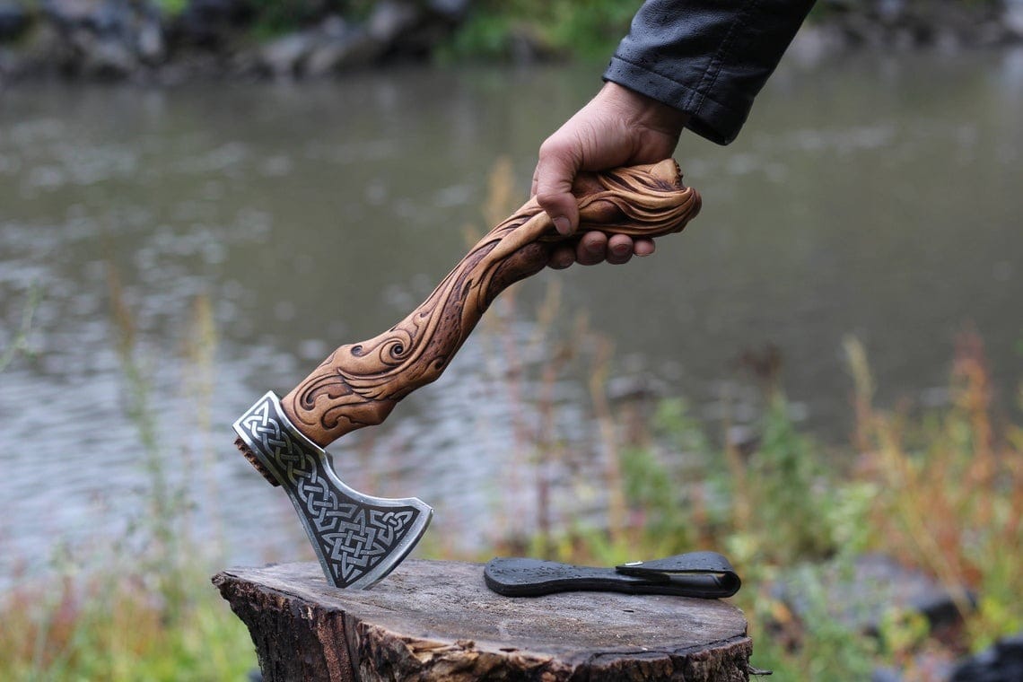 Handcrafted Viking Style Axe with Carved Wooden Handle Knives Craft
