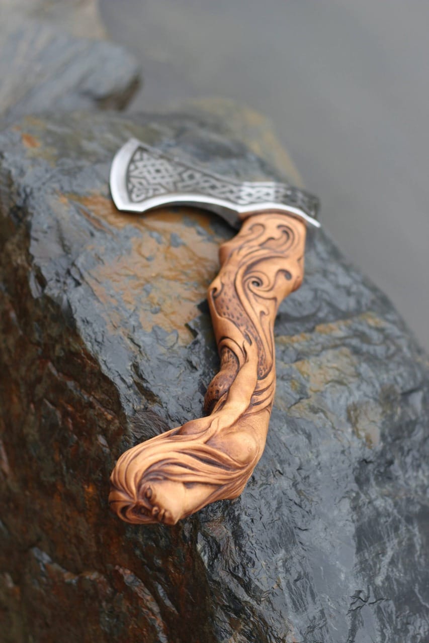Handcrafted Viking Style Axe with Carved Wooden Handle Knives Craft