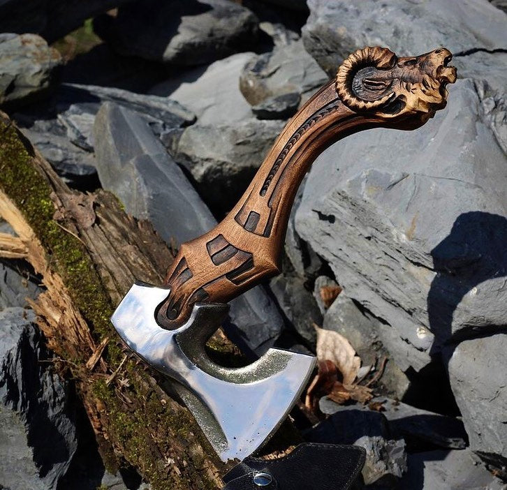 Handmade Viking Axe with Ram Head Carved Wooden Handle Knives Craft