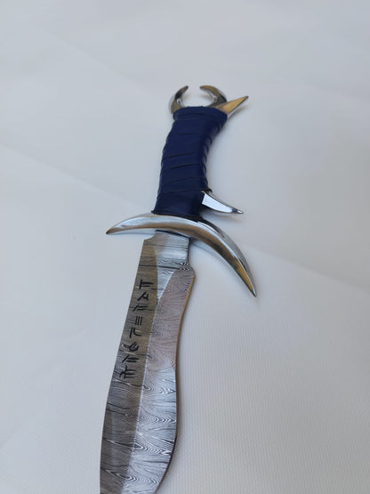 Fantasy Damascus Steel Bowie Knife with Moon Splinted Handle