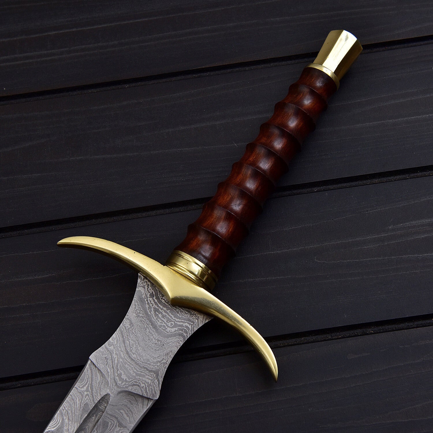 Damascus Steel Sword with Leather Sheath – Handcrafted Medieval Weapon Knives Craft