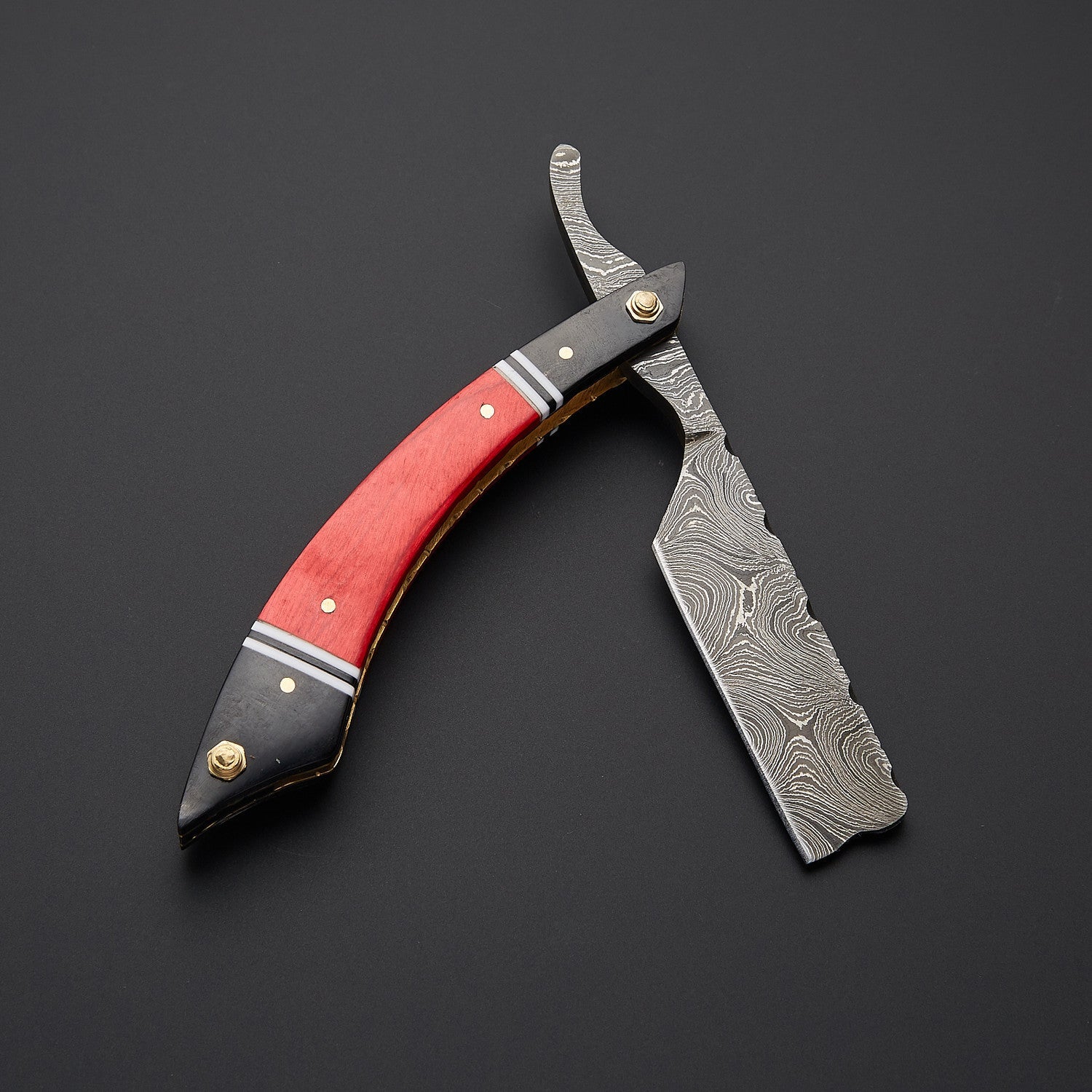 Damascus Steel Straight Razor Folding Knife Vibrant Wooden Handle, Leather Sheath Knives Craft
