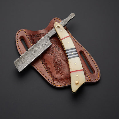 Damascus Steel Straight Razor Folding Knife Colorful Wooden Handle, Leather Sheath Knives Craft