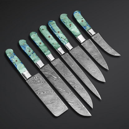 7-Piece Damascus Steel Chef Knife Set with Leather Roll Bag - knivescraft