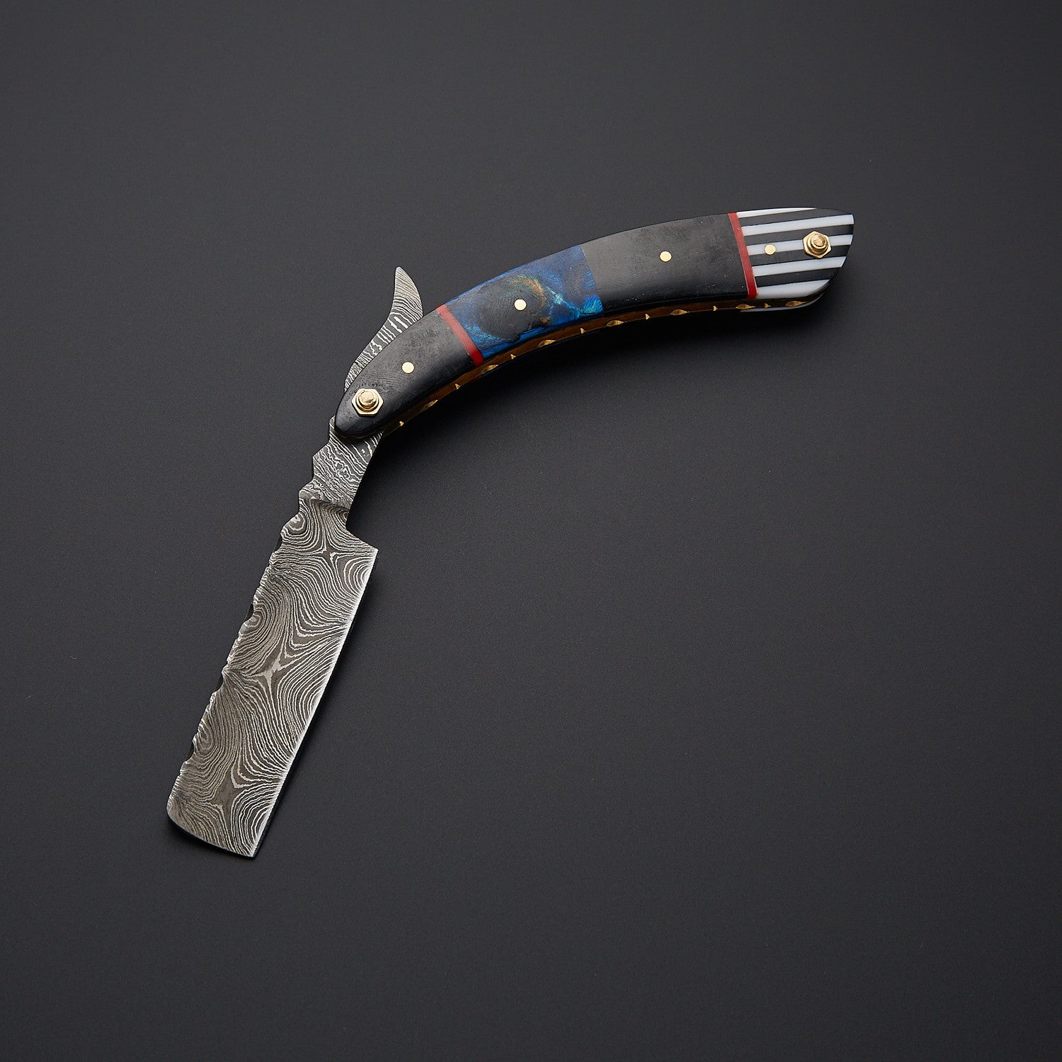 Damascus Steel Straight Razor Folding Knife Colorful Wooden Handle, Leather Sheath Knives Craft