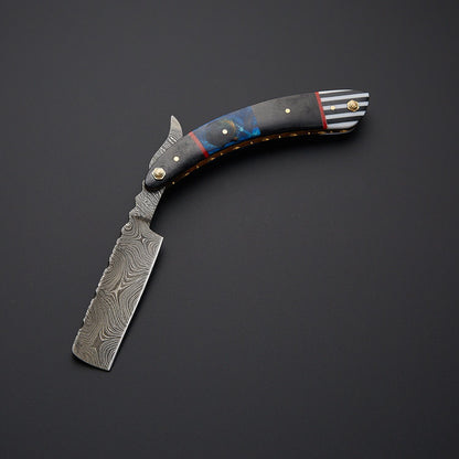 Damascus Steel Straight Razor Folding Knife Colorful Wooden Handle, Leather Sheath Knives Craft