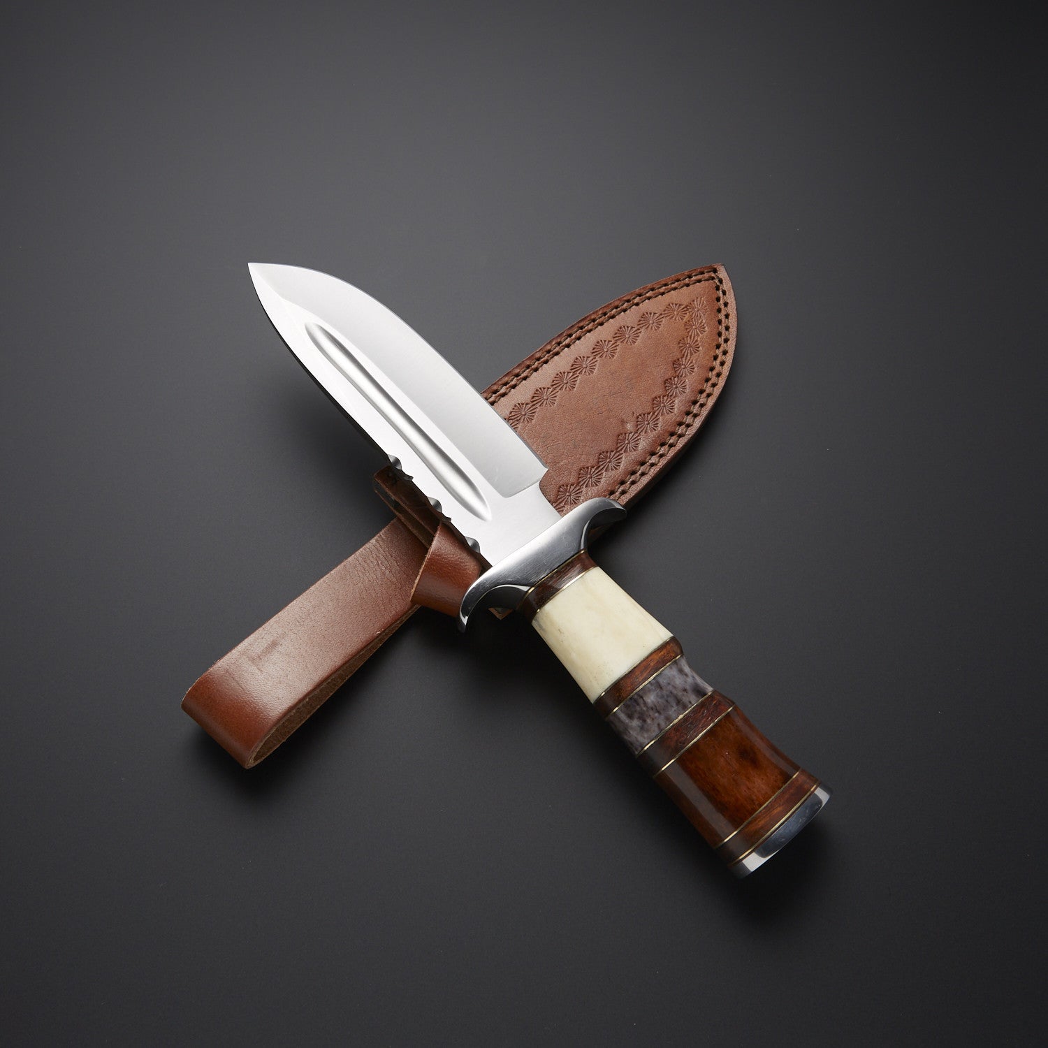 Custom Handmade Hunting Knife with Bone &amp; Wood Handle + Leather Sheath Knives Craft