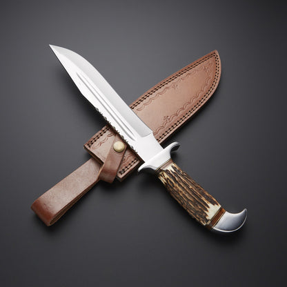 Premium Bowie Hunting Knife with Stag Handle & Leather Sheath Knives Craft