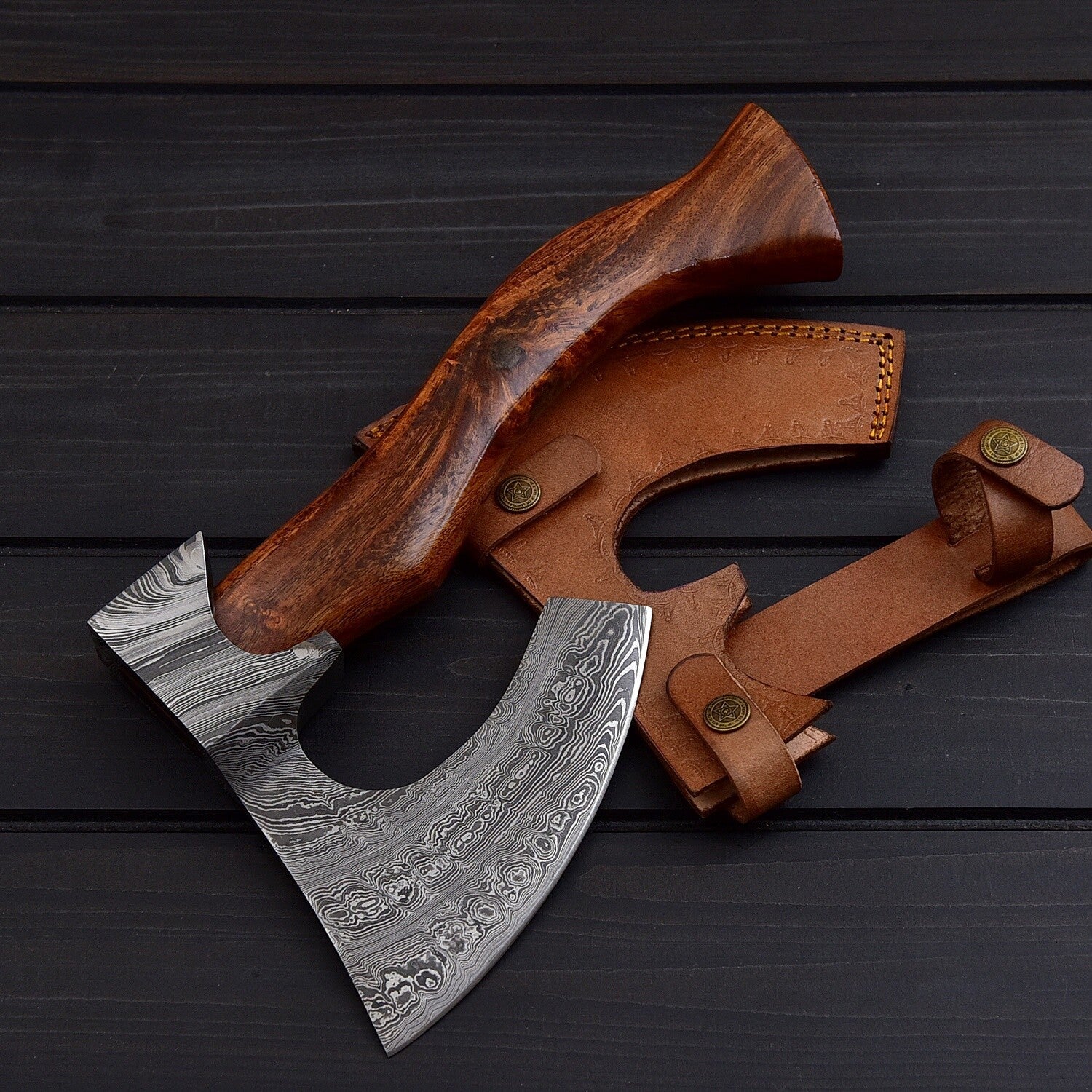 Hand-Forged Damascus Steel Viking Axe with Curved Wood Handle & Leather Sheath Knives Craft