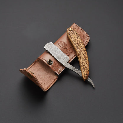 Premium Damascus Steel Folding Knife Handcrafted Wooden Handle, Leather Sheath Knives Craft
