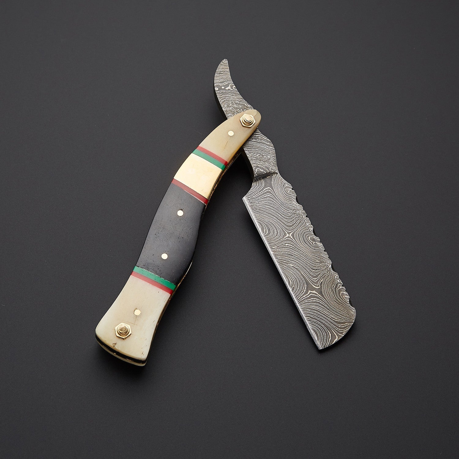 Damascus Steel Straight Razor Folding Knife  Colorful Wooden Handle, Leather Sheath Knives Craft