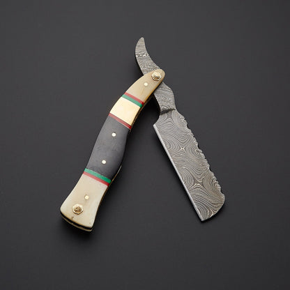 Damascus Steel Straight Razor Folding Knife  Colorful Wooden Handle, Leather Sheath Knives Craft