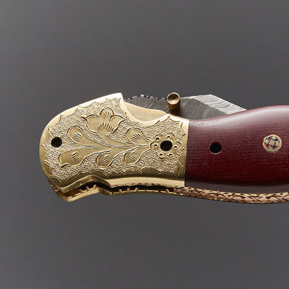 Luxury Damascus Steel Folding Knife - Gold Handle, Leather Sheath 🔪 Knives Craft