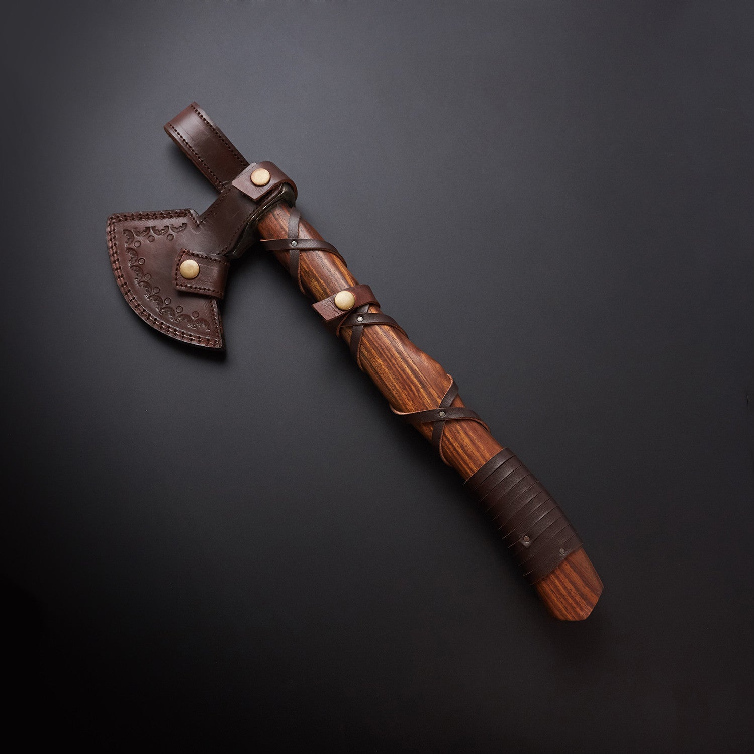 🪓 Hand-Forged Damascus Steel Viking Axe with Leather-Wrapped Wooden Handle & Brown Sheath 🪓 Knives Craft
