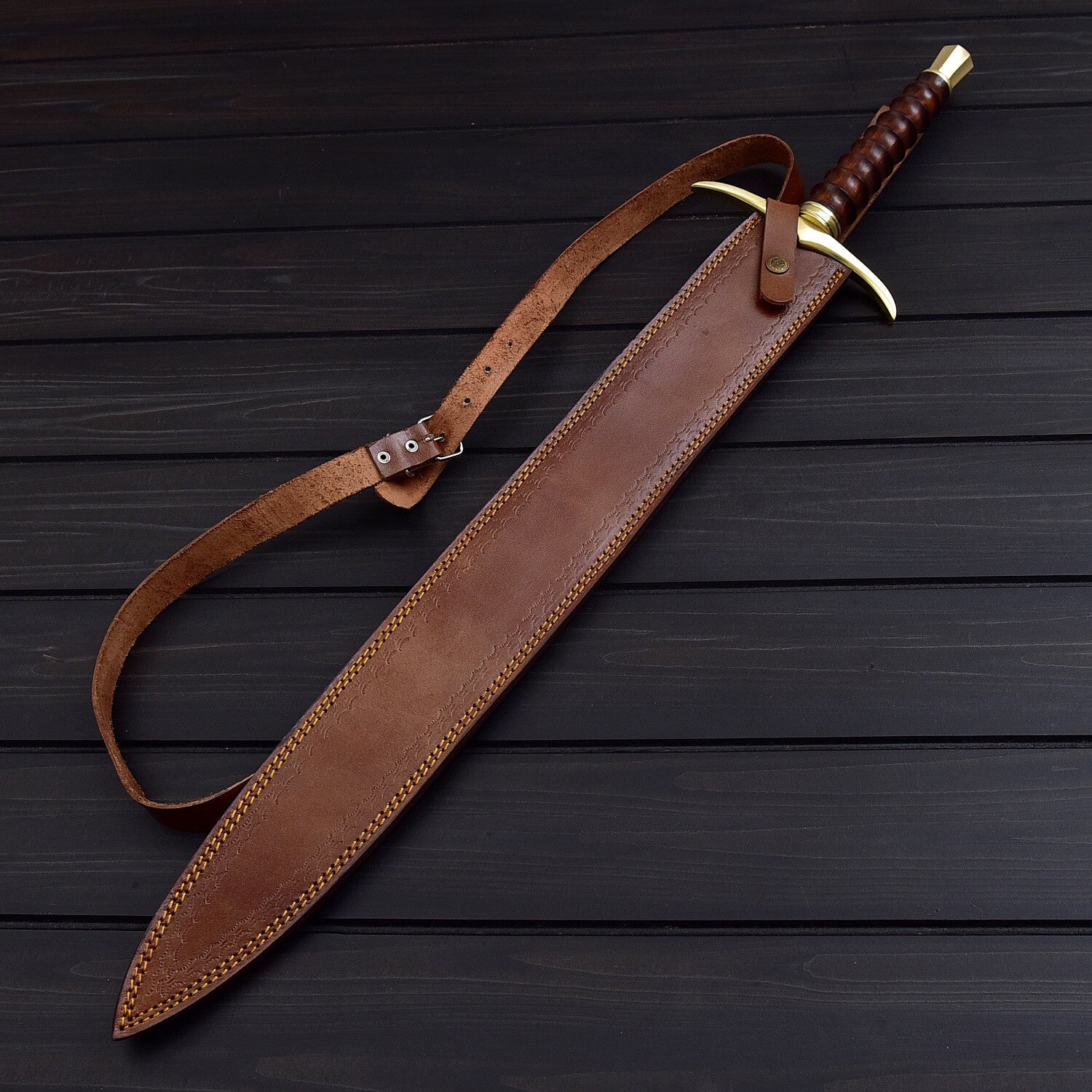 Damascus Steel Sword with Leather Sheath – Handcrafted Medieval Weapon Knives Craft