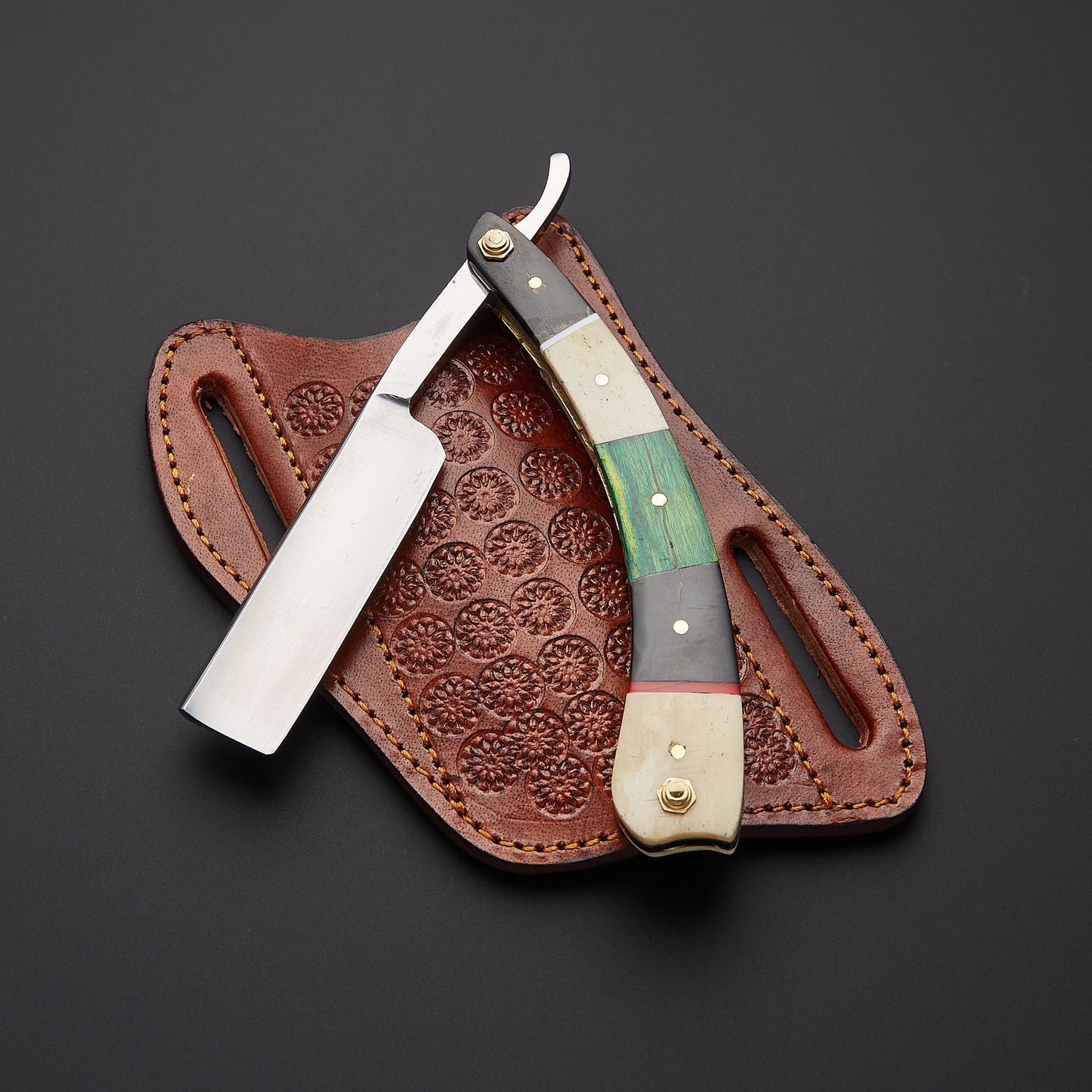 Damascus Steel Straight Razor Folding Knife Colorful Wooden Handle, Leather Sheath Knives Craft