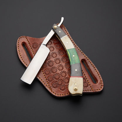 Damascus Steel Straight Razor Folding Knife Colorful Wooden Handle, Leather Sheath Knives Craft