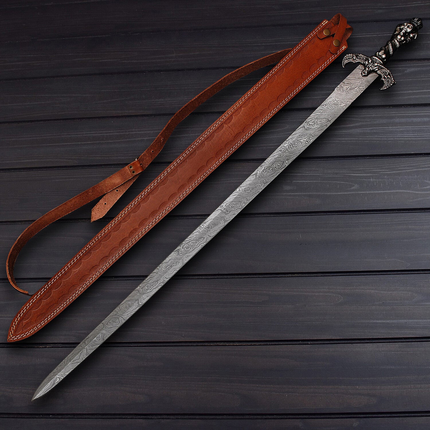 Handmade Damascus Steel Long Sword with Leather Sheath Knives Craft
