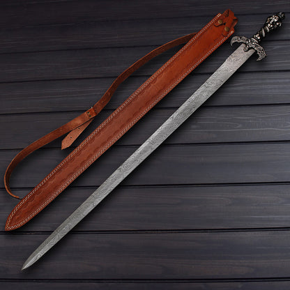 Handmade Damascus Steel Long Sword with Leather Sheath Knives Craft