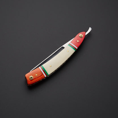 Damascus Steel Straight Razor Folding Knife Vibrant Wooden Handle, Leather Sheath Knives Craft